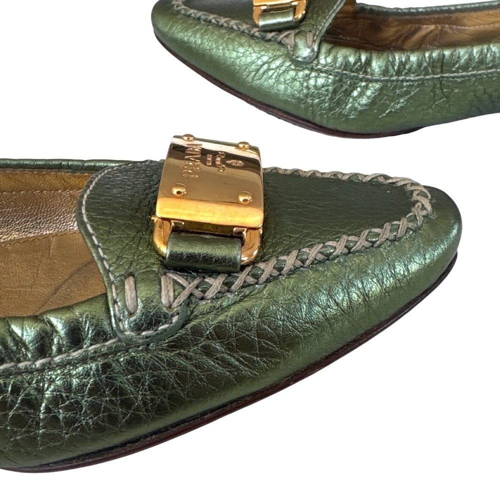 Prada Metallic Olive Leather Plaque‎ Loafers EU 36 Vintage Y2K Made Italy - Picture 14 of 15